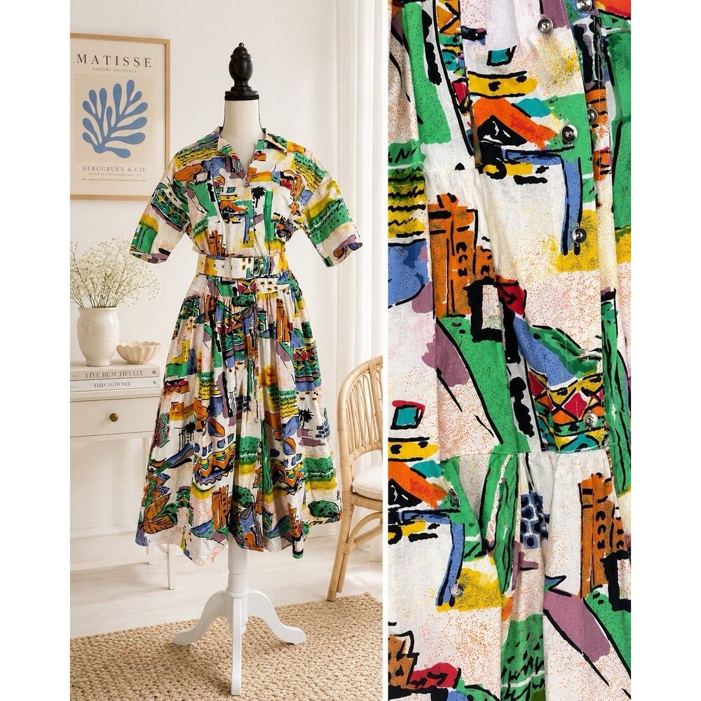 VTG 80’s TOGETHER‼️Graphic Novelty Op-Art Belted Day Dress 6P Fit & Flare Retro
